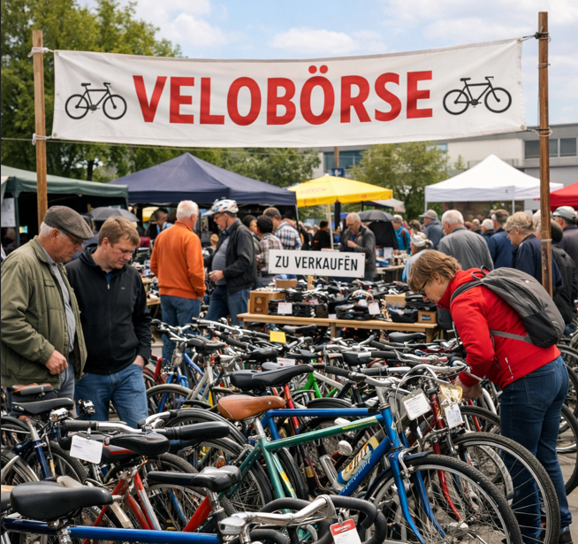 Velobörse mit Velos und Kaufinteressenten